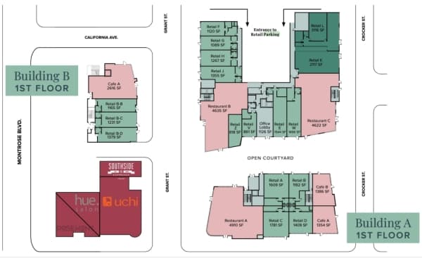 A map of the project provided in a leasing brochure shows the four buildings of the project, including the existing building at the corner of Grant Street. (Image via Loopnet)