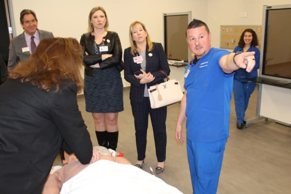 The HCA Healthcare Center for Clinical Advancement's dedicated resuscitation station allows nurses to train in CPR procedures on an interactive mannequin. (William C. Wadsack/Community Impact Newspaper)