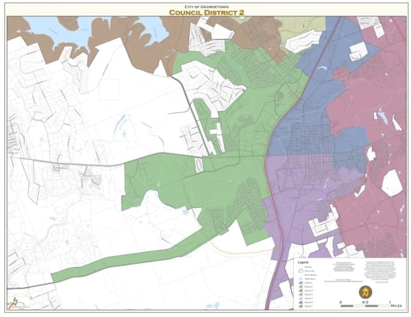 The Georgetown council members are elected from single-member districts. This map focuses on the District 2 portion of the city. (Courtesy city of Georgetown)