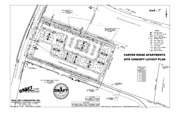 An overview of the site concept layout plan includes a clubhouse and six buildings. (Rendering courtesy city of Hutto)