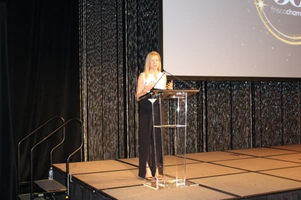 Incoming Chamber board chair Christal Howard speaks during the Frisco Number Ones Gala on Feb. 21. (William C. Wadsack/Community Impact Newspaper)