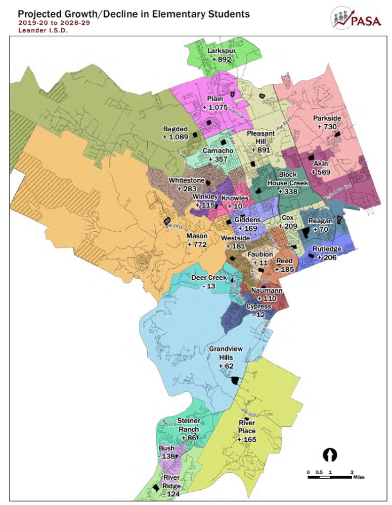 This map from the Leander ISD demographer's report shows current elementary school boundaries and projected student growth through 2028-29. (Courtesy Leander ISD)