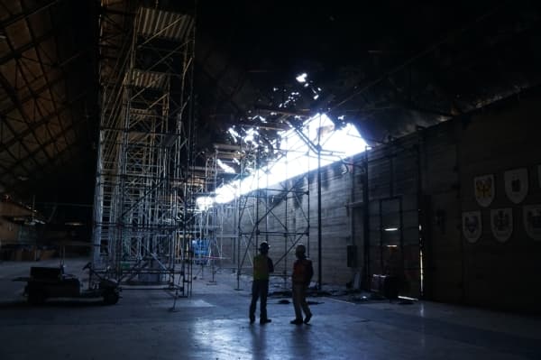 Scaffolding has been assembled inside Wursthalle to provide extra support during construction. (Lauren Canterberry/Community Impact Newspaper)