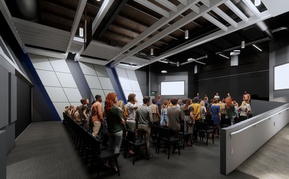 The new student center will serve as a flexible space that can transform from a traditional worship venue with stained glass to host funerals and weddings to a black box geared for student worship, the release states. (Rendering courtesy Faithbridge)