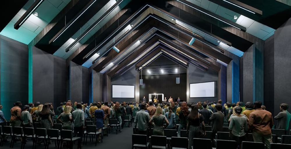 The new student center will serve as a flexible space that can transform from a traditional worship venue with stained glass to host funerals and weddings to a black box geared for student worship, the release states. (Rendering courtesy Faithbridge)