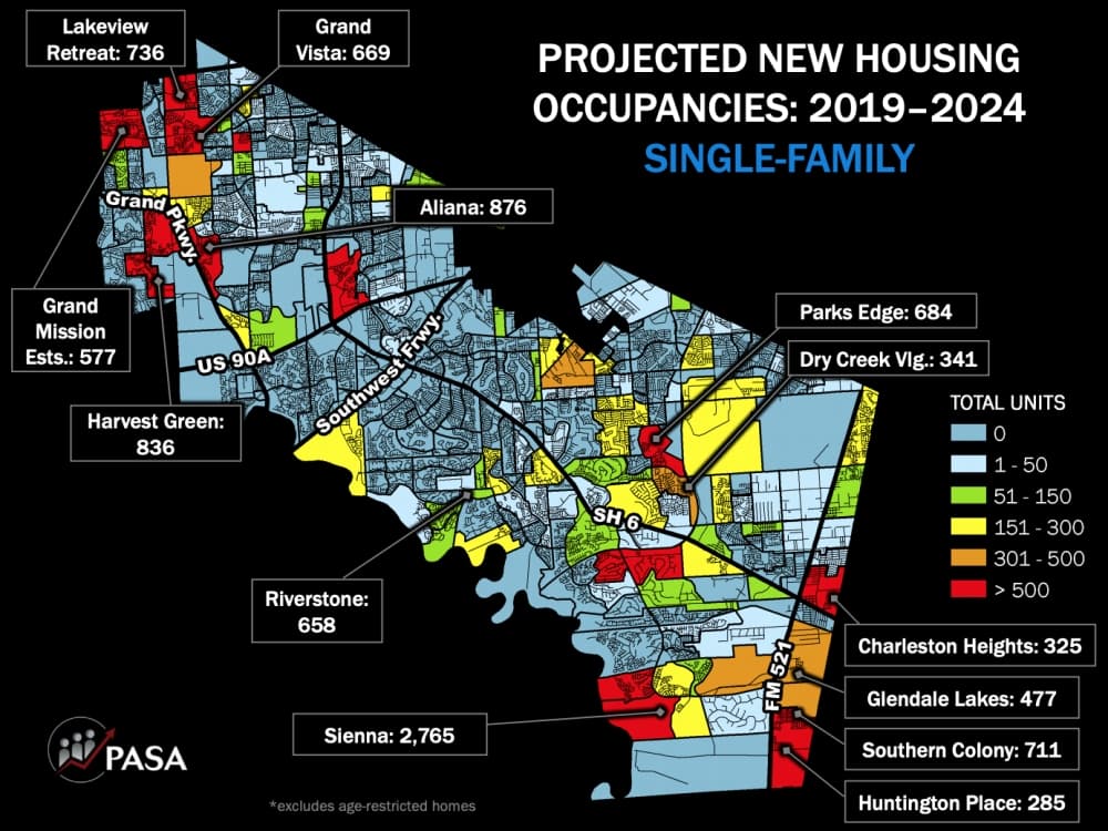 Population and Survey Analysts presented maps showing projected new single-family and multi-family housing units in the next five and 10 years. (Courtesy PASA) 