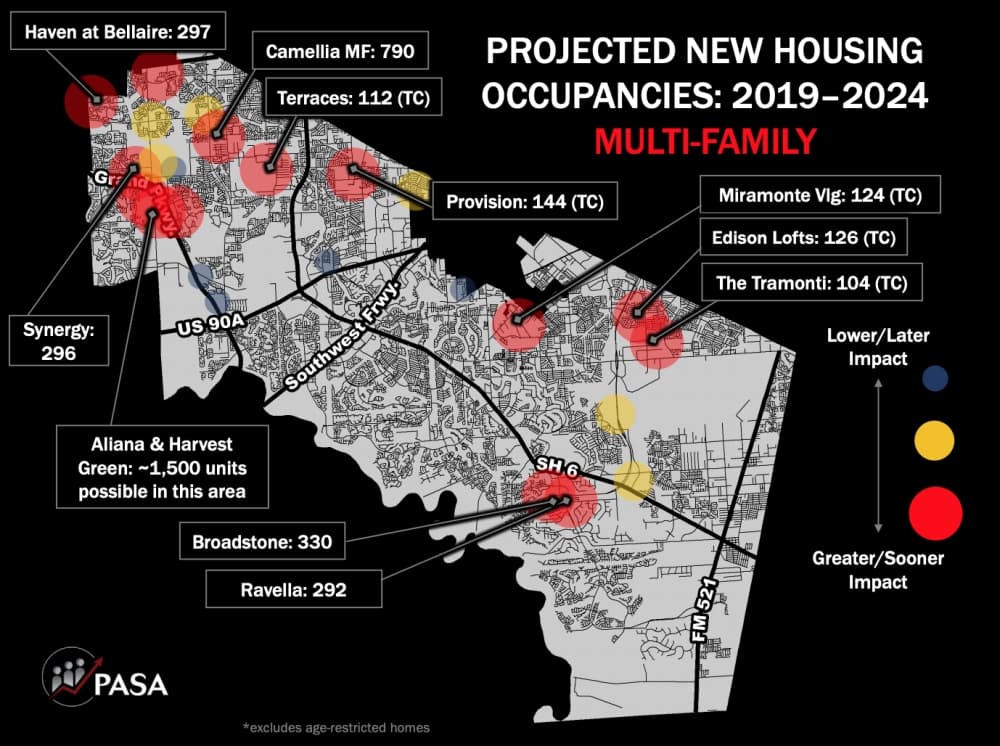 Population and Survey Analysts presented maps showing projected new single-family and multi-family housing units in the next five and 10 years. (Courtesy PASA) 