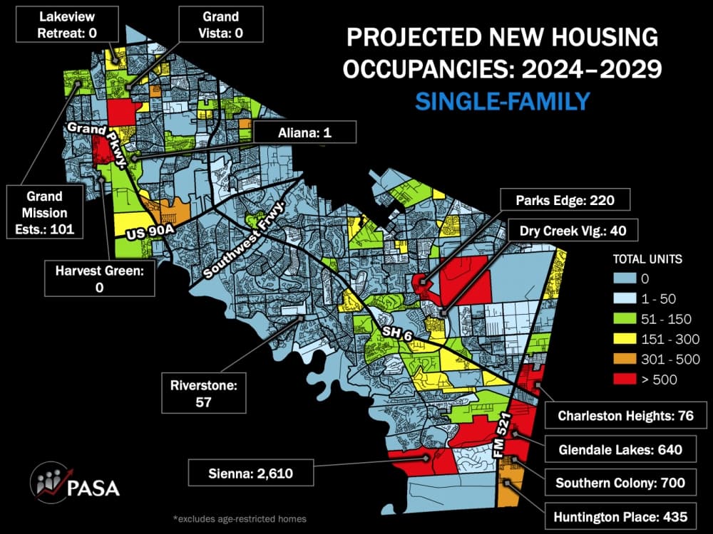 Population and Survey Analysts presented maps showing projected new single-family and multi-family housing units in the next five and 10 years. (Courtesy PASA) 