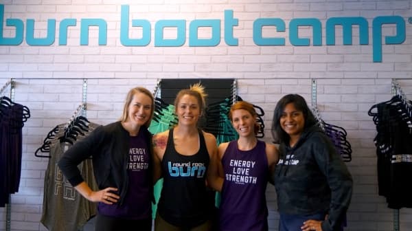 Burn Boot Camp staff members include (from left) Anne Townsend, Saoirse Bell, Ashley Vivek and Brittany Puthukeril. (Kelsey Thompson/Community Impact Newspaper)                               