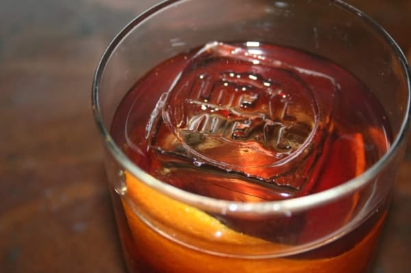 The Local Yocal Cask Reserve ($14) is a whiskey drink made with brandy, Creme de Mure, bitters, gomme syrup and tobacco smoke. The ice is engraved with the restaurant’s name.