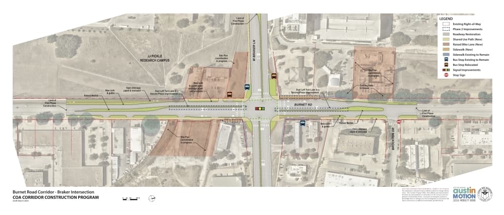 The city of Austin’s Corridor Program Office's plans at the intersection of Burnet Road and Braker Lane include raised medians, pedestrian safety improvements and traffic signal improvements. (Courtesy City of Austin Corridor Program Office)