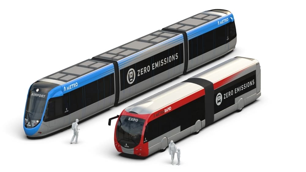 Renderings show the design for new rail and bus vehicles that Capital Metro is looking to add to its fleet. The public transit agency will give a presentation to Austin City Council on March 9. (Rendering courtesy Capital Metro)