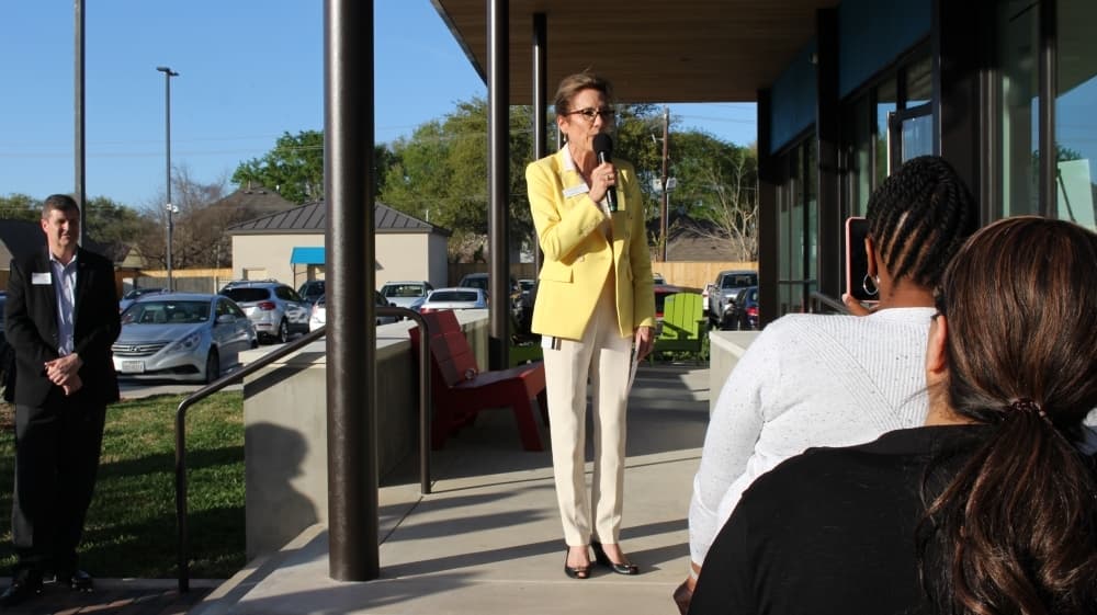 CAFB CEO Ruthanne Mefford addresses the crowd during the ceremony March 5. (Beth Marshall/Community Impact Newspaper)