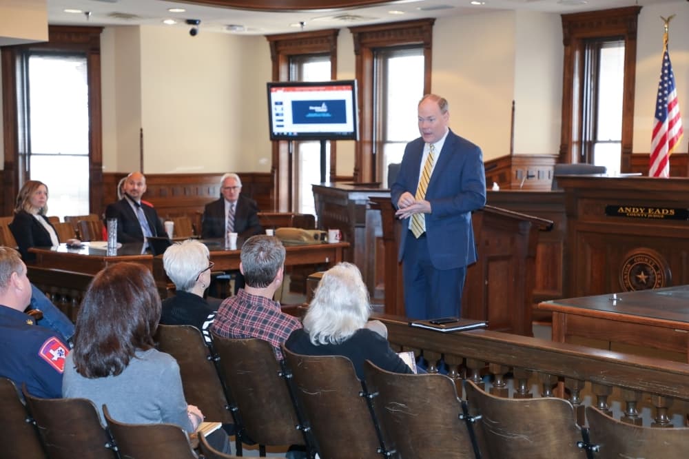 Dr. Matt Richardson, director of Denton County Public Health, and Denton County Judge Andy Eads met last week with local municipal officials to inform them of the latest information on the coronavirus. (Courtesy Denton County)