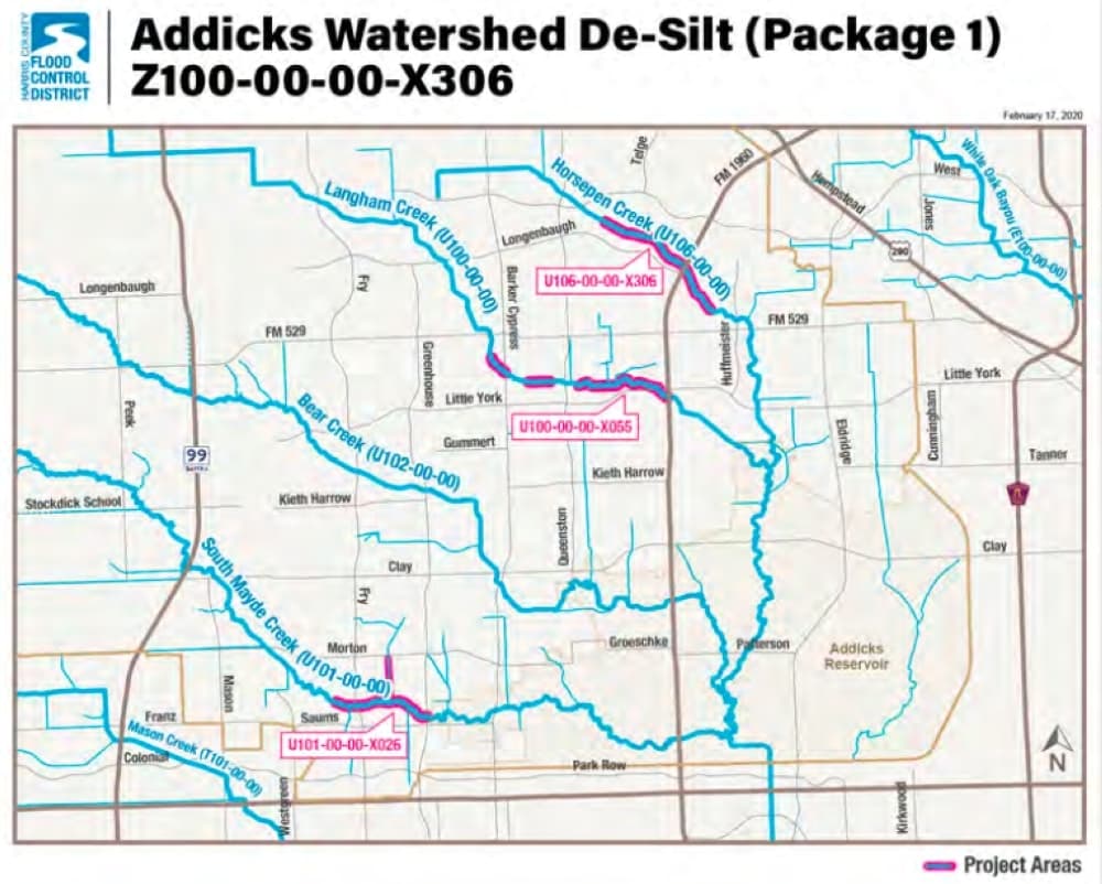 The project will desilt the following:

    South Mayde Creek, from North Fry Road to Greenhouse Road;
    a tributary of South Mayde Creek from Morton Road to South Mayde Creek;
    Langham Creek between Autumn Hills Lane to Hwy. 6; and
    Horsepen Creek from Mill Run Drive to Trail Side Drive.

(Courtesy Harris County Flood Control District)