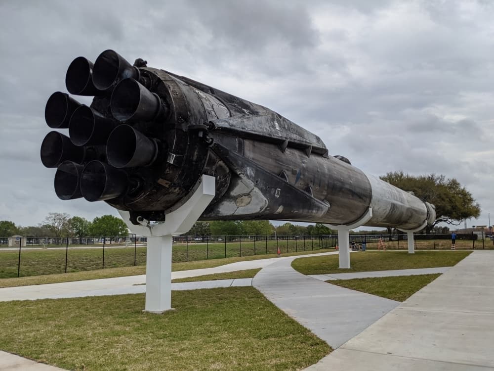 A flown Falcon 9 rocket from SpaceX is now on display at Space Center Houston. (Jake Magee/Community Impact Newspaper)