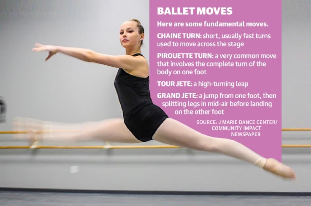 Ballet student McCailey Merritt performs a grand jete in one of the studios at J Marie Dance Studio. (Brian Perdue/Community Impact Newspaper)