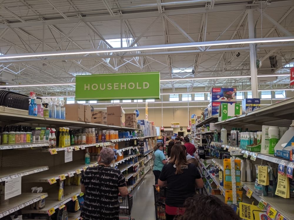 Register lines were backed up through aisles at H-E-B in New Braunfels on Friday, March 13. (Lauren Canterberry/Community Impact Newspaper) 