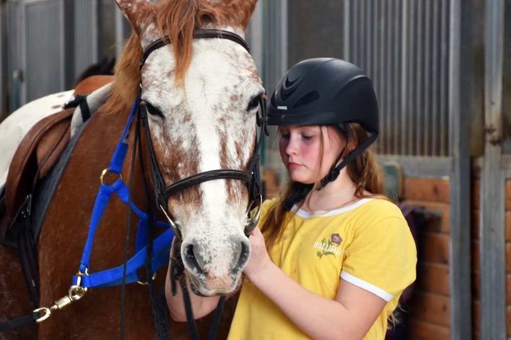 A rider tends to her horse. (Makenzie Plusnick/Community Impact Newspaper)
