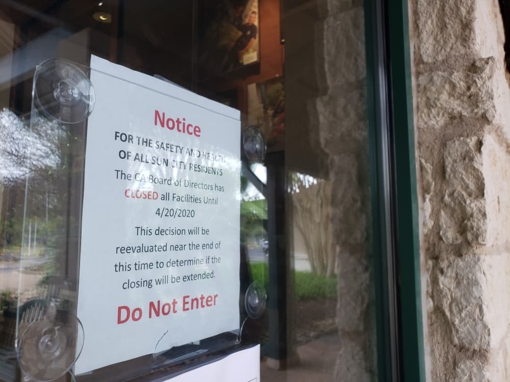 A notice posted at the Sun City Activity Center. (Ali Linan/Community Impact Newspaper)