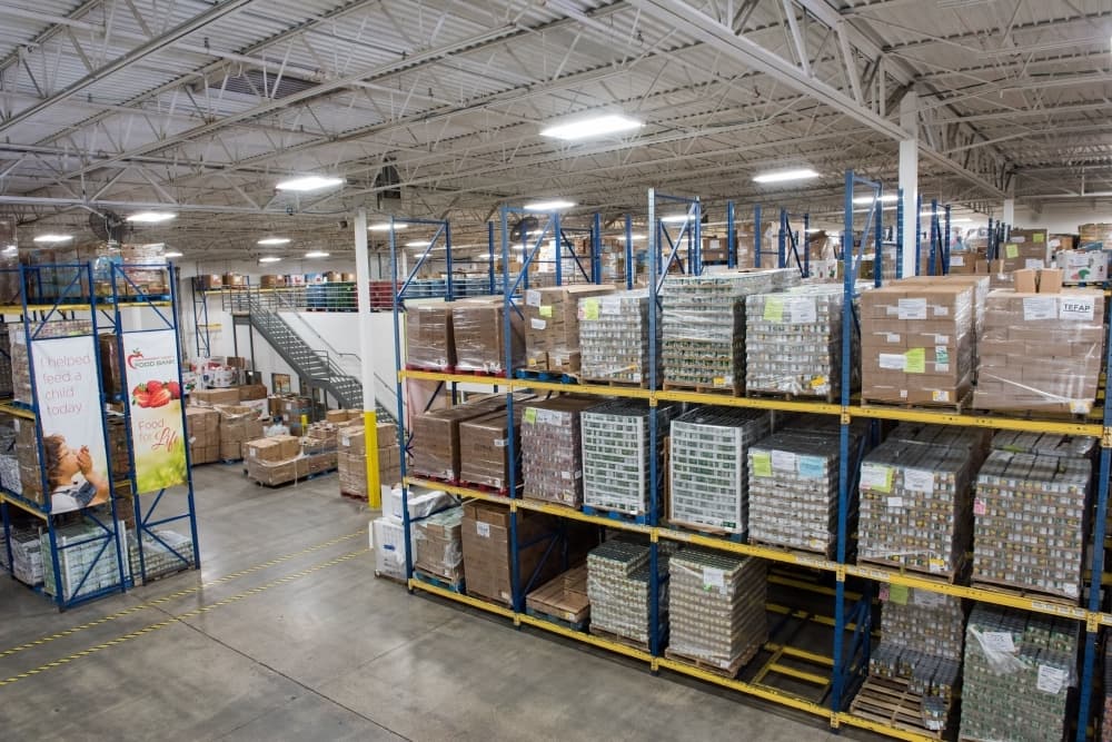 Food from retail partners is stored in the Montgomery County Food Bank's warehouse. (Photo by Montgomery County Food Bank)