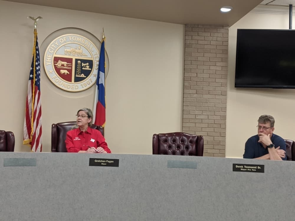Tomball officials declared a public health emergency and state of disaster March 20. Council members practiced social distancing during the emergency council meeting. (Anna Lotz/Community Impact Newspaper)