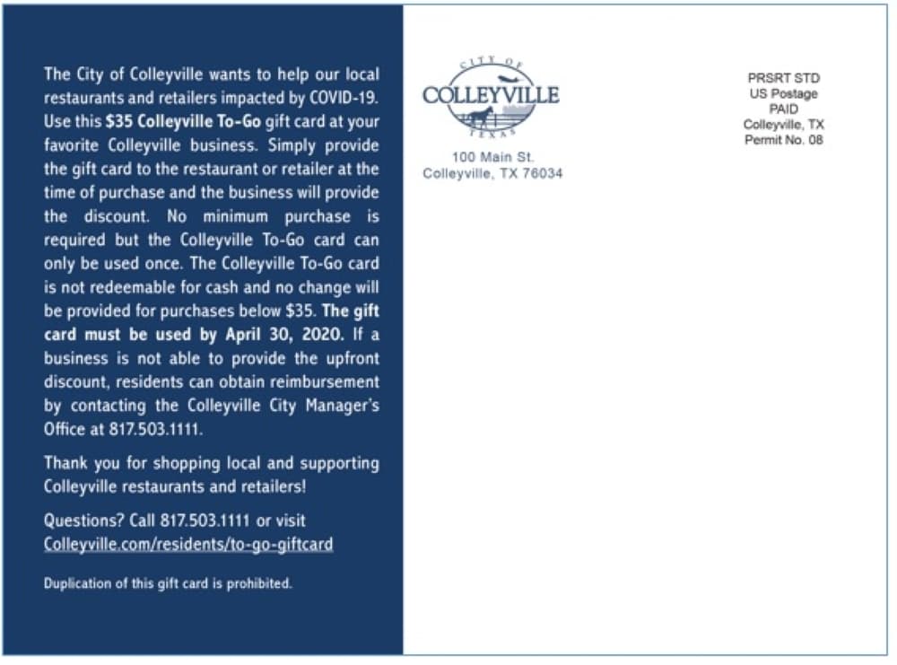 The city of Colleyville is mailing these gift cards for residents to use at local businesses. (Courtesy city of Colleyville)