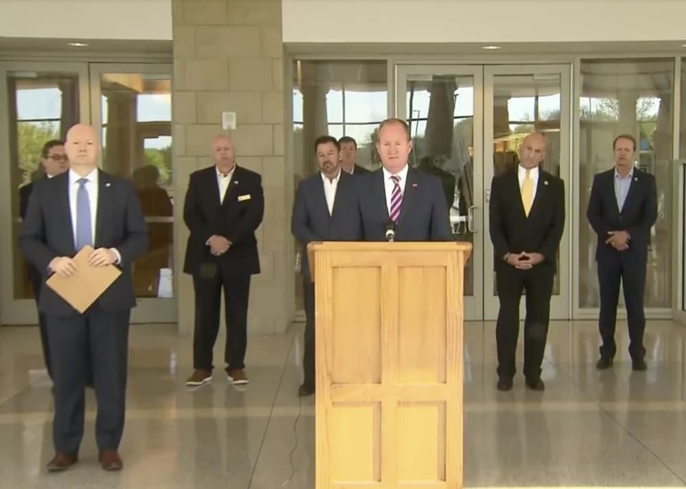 Frisco Mayor Jeff Cheney speaks during a news conference March 24 on Collin County's stay-at-home order for residents. (Screenshot courtesy of CBS DFW News)