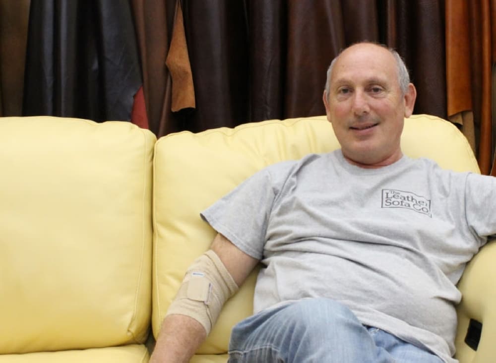 After hearing that local health professionals were in need of face masks, Mitch Lurie, owner of The Leather Sofa Co. in Lewisville, decided to use his custom furniture business to make and donate 3,000 face masks. (Luke Schumacher/Community Impact Newspaper)