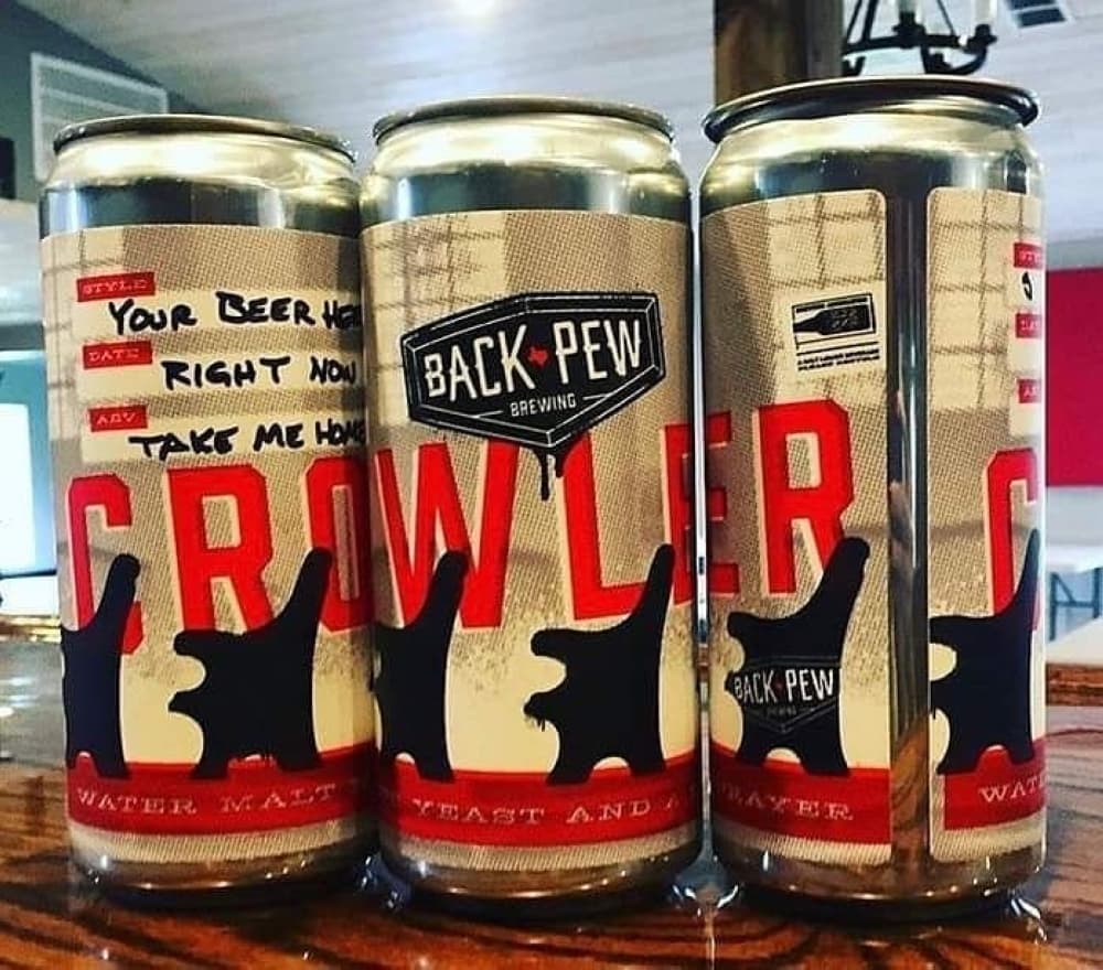 Back Pew Brewing is offering 32-ounce crowler cans and four- and six-packs for purchase through its online store for curbside pickup. (Courtesy Back Pew Brewing)