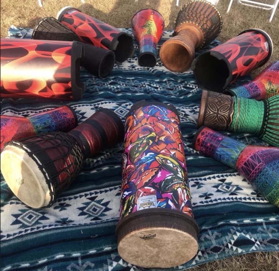 When the Soulshine circle is held at Veterans Memorial Park, djembe drums can be borrowed by beginners. (Courtesy Suzy Turner)