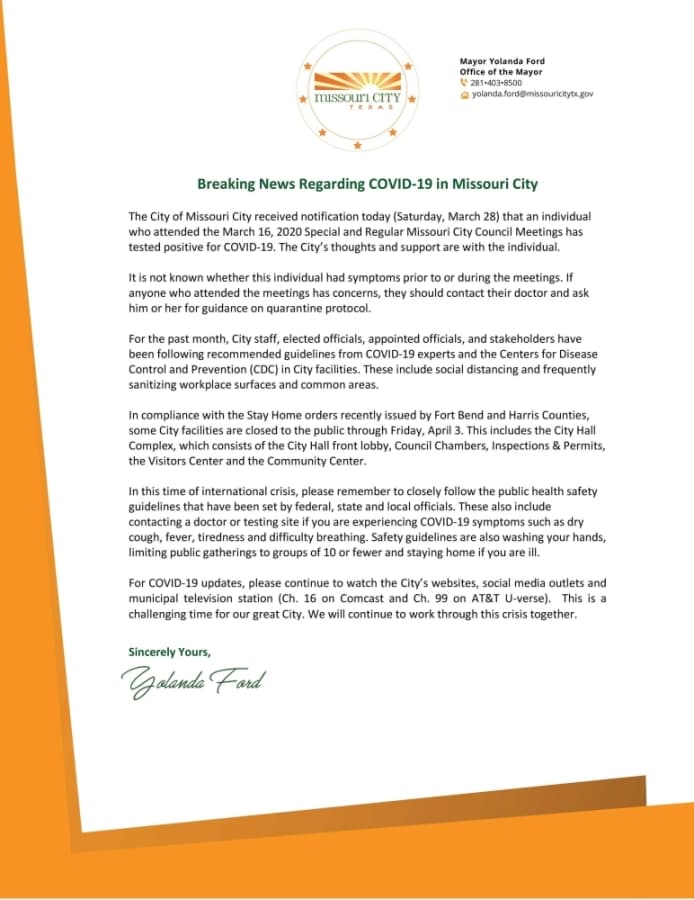 This memo from Mayor Yolanda Ford states that someone who was in attendance at the March 16 Missouri City City Council meeting has tested positive for the coronavirus. (Courtesy city of Missouri City)