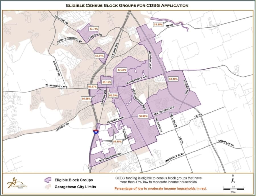 This map shows which parts of the city are eligible for the grant projects. (Courtesy city of Georgetown)