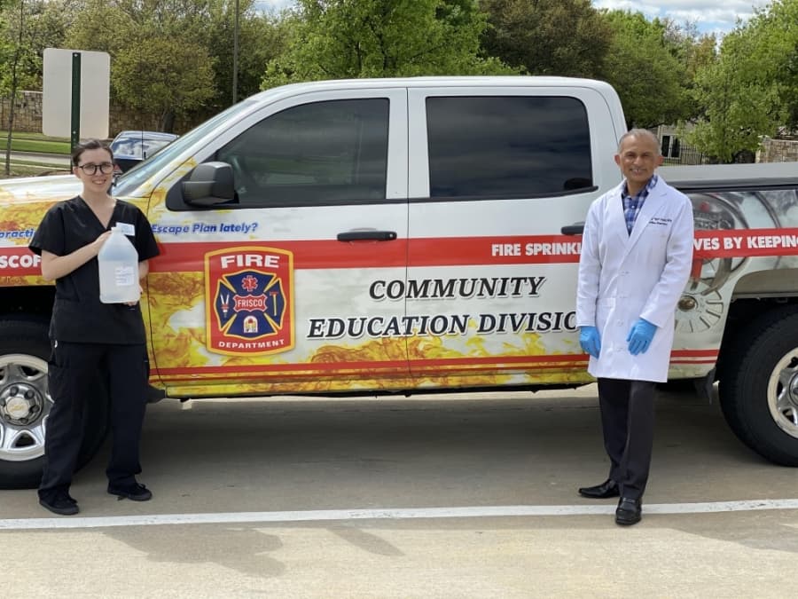 Frisco Fire Department recently picked up a donation of 20 one-gallon bottles of hand sanitizer from ReNue Pharmacy. (Courtesy ReNue Pharmacy)