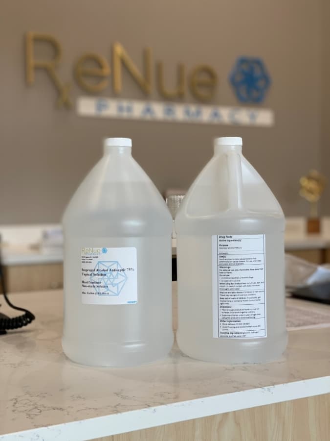 The 40-gallon donation was divided up into 20 one-gallon bottles for both the Frisco Fire Department and Plano Fire-Rescue. (Courtesy ReNue Pharmacy)
