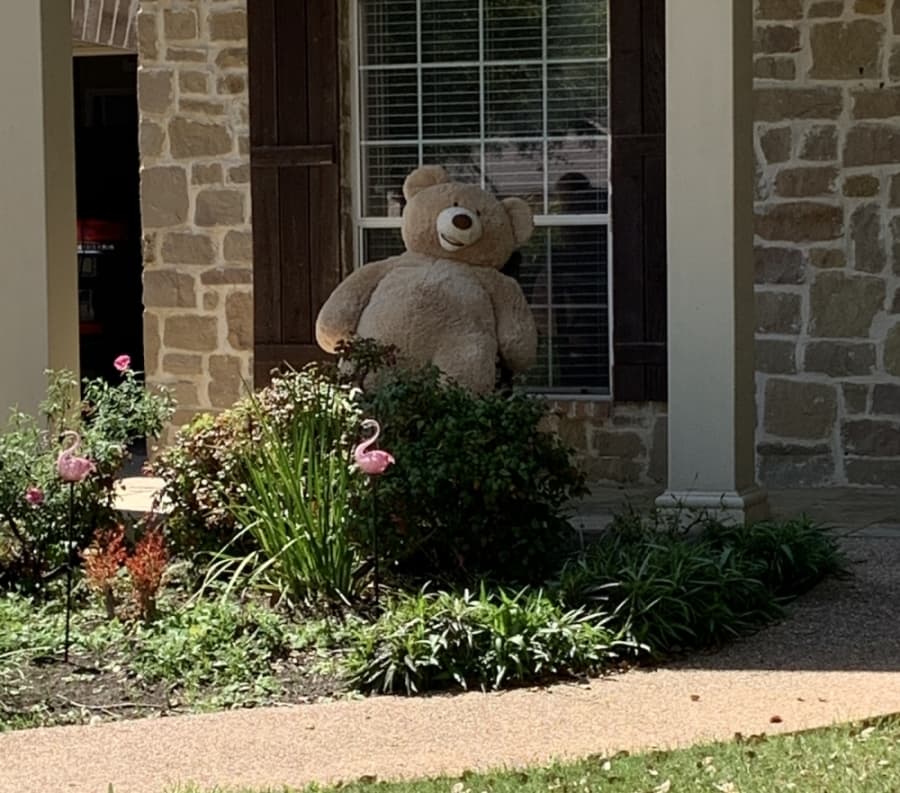 Jaimie Hambrick set a large teddy bear outside in Circle C Ranch. (Courtesy Jaimie Hambrick)