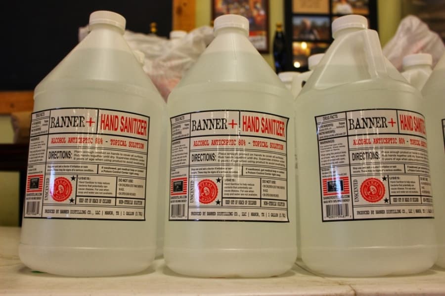 Bluebonnet Beer Co. is currently selling 1-gallon jugs of hand sanitizer made by Banner Distilling Co. in Manor. (Taylor Jackson Buchanan/Community Impact Newspaper)