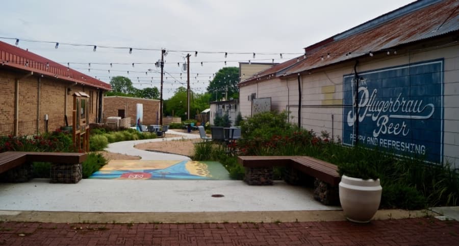 Pflugerville's Main Street Plaza is pictured here, empty, on April 7. (Kelsey Thompson/Community Impact Newspaper)