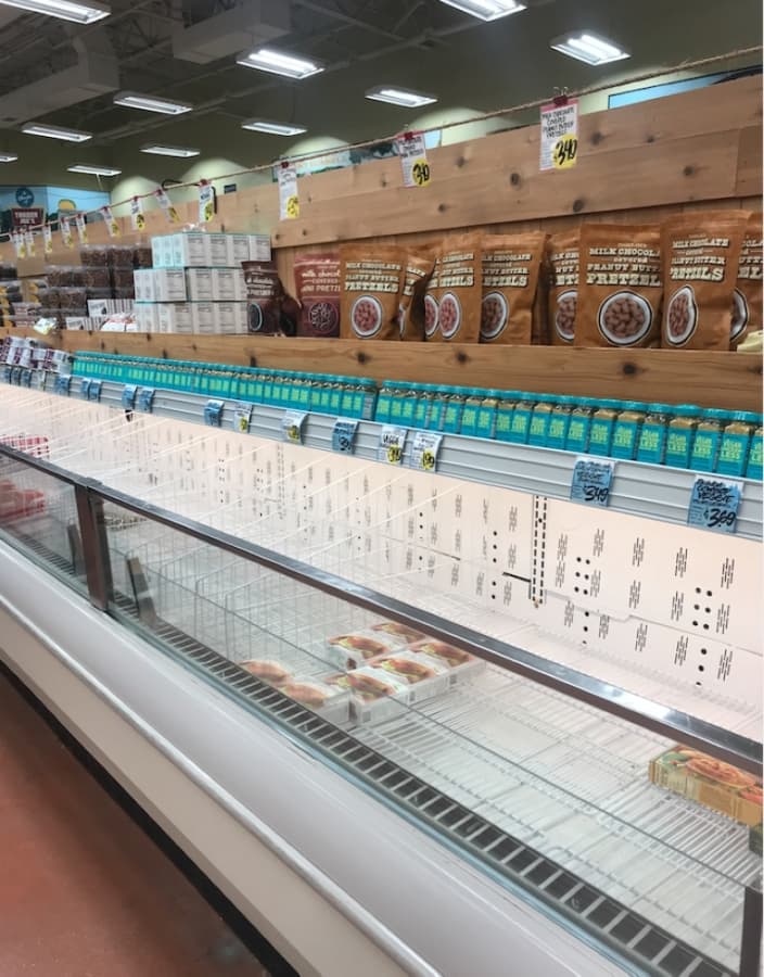 The frozen section at Trader Joe's in Rollingwood appears relatively empty on March 16 at 12:30 p.m. (Amy Rae Dadamo/Community Impact Newspaper)