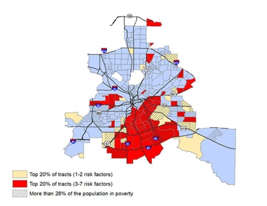 Areas in red suggest a greater proportion of the population has risk factors that make them vulnerable to COVID-19. (Courtesy UTHealth)