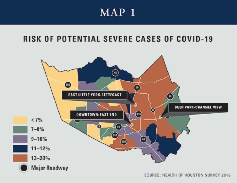 Maps show what areas of major Texas cities where residents most likely to need hospitalization, ICU care for COVID-19