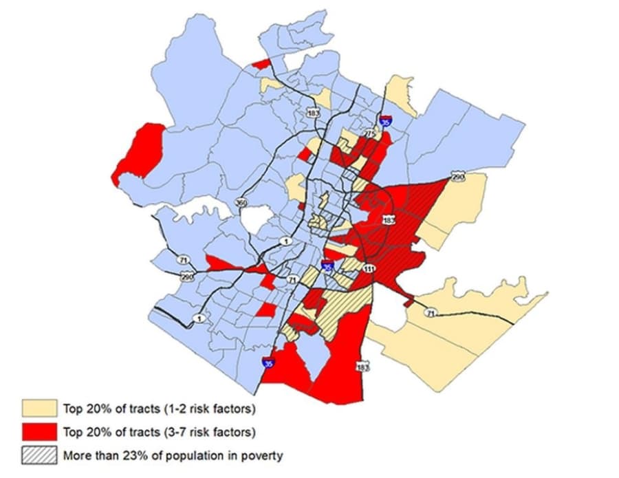 Areas in red suggest a greater proportion of the population has risk factors that make them vulnerable to COVID-19. (Courtesy UTHealth)