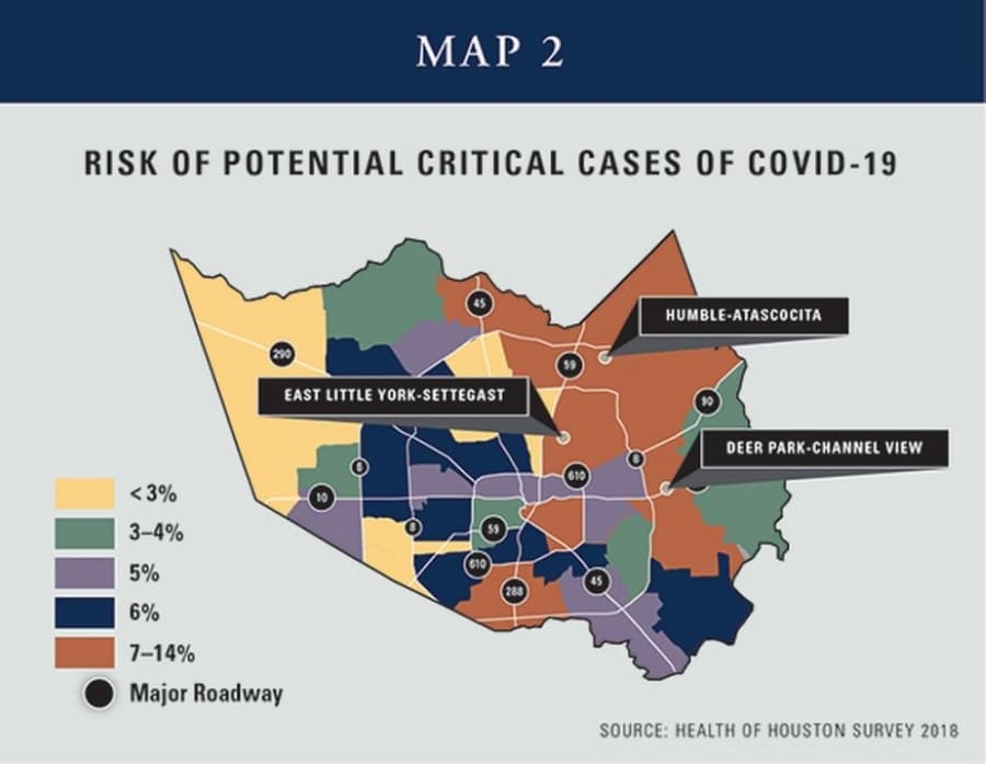 The Harris County study also identified neighborhoods with potential risk of critical cases of COVID-19, defined as requiring advanced hospitalization, including ICU and ventilators. (Courtesy UTHealth)