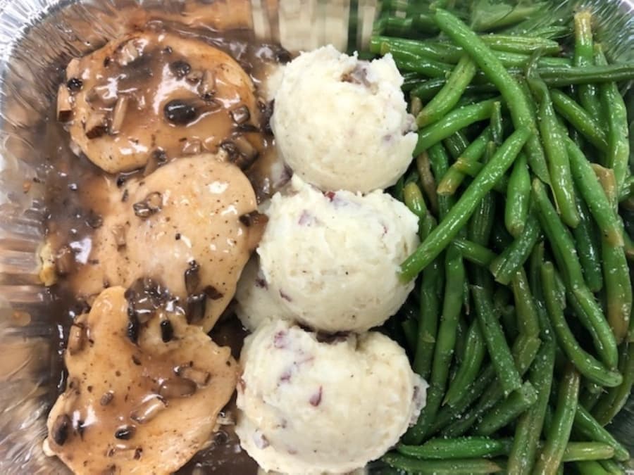 One of the family meal packages includes chicken marsala with mashed potatoes and green beans. (Courtesy Bowties 2 Blue Jeans Catering Co.)