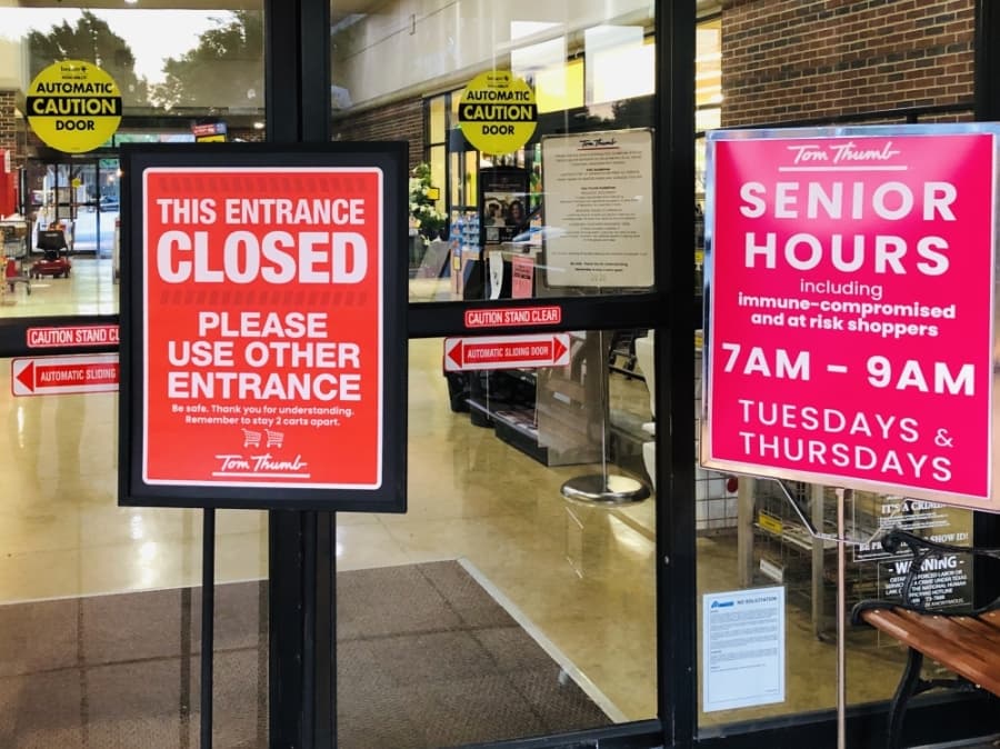Because they are considered essential businesses, many local grocery stores, such as Tom Thumb in Keller, are enforcing social distancing practices and providing special hours for seniors to shop. (Ian Pribanic/Community Impact Newspaper)
