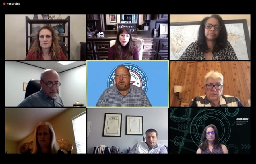 An Humble ISD board of trustee member resigned, and trustees hired a former board member to fill the seat at the district's videoconferenced school board meeting on April 14. (Screenshot courtesy Zoom)