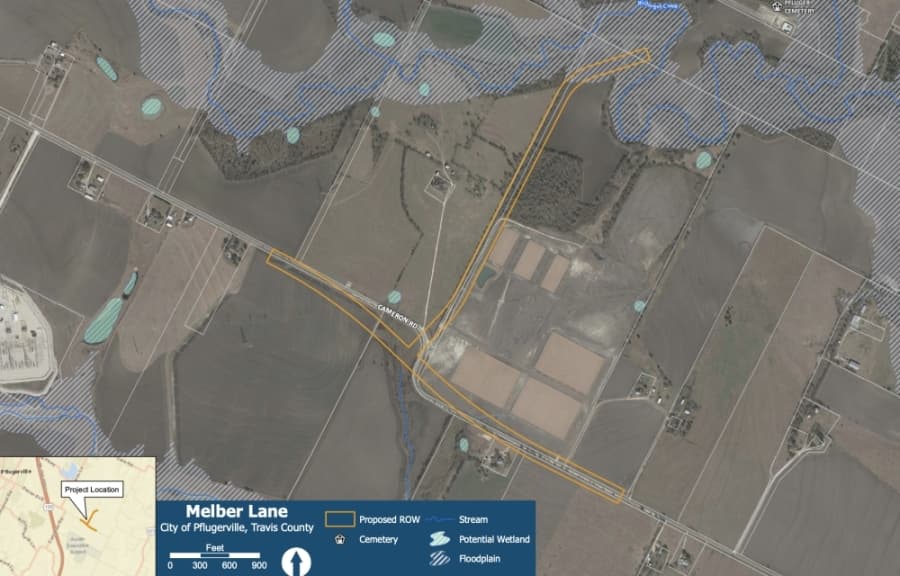 The scope of the project includes an alignment study, preliminary engineering and the creation of plans, specifications and estimates for the realignment of Cameron Road and added lanes to Melber Lane. (Rendering courtesy city of Pflugerville)