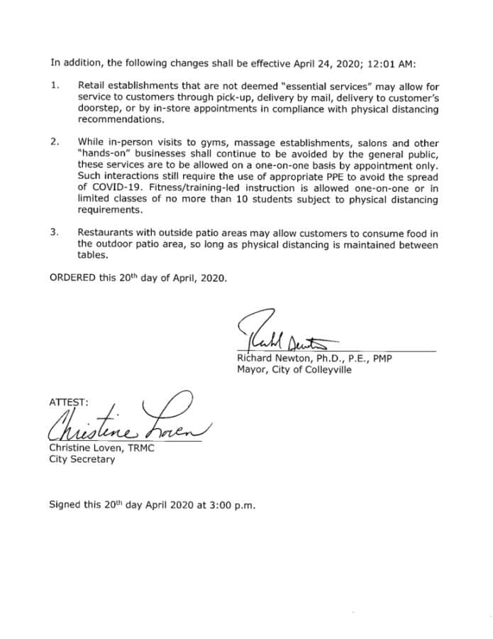 Some Colleyville businesses will be able to resume partial operations April 24. (Screenshots courtesy city of Colleyville)