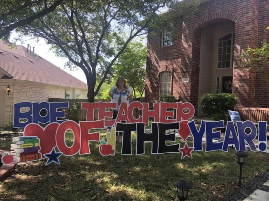 Tracie Mojica, a Bridge Point Middle School fifth-grade teacher, celebrates being named a 2020 Campus Educator of the Year. (Courtesy Eanes ISD)