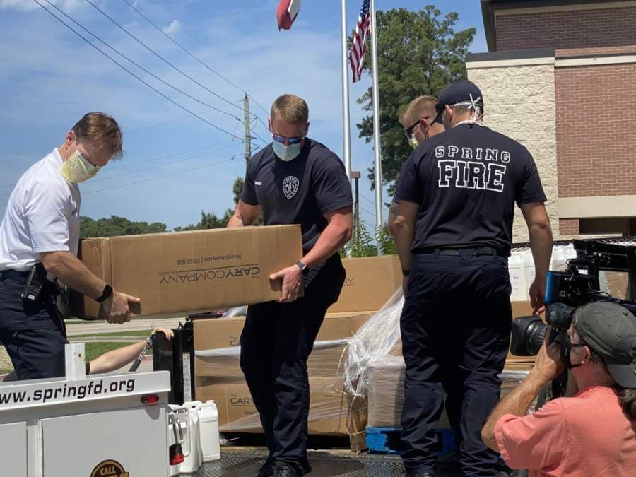 Whitmeyer's Distilling Co. showed its support for first responders April 20 by distributing 20 gallon-sized jugs of distillery-made hand sanitizer to each of SFD's nine fire stations. (Courtesy Spring Fire Department) 